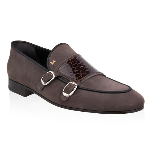 Nubuck/Alligator Double-monk Loafers